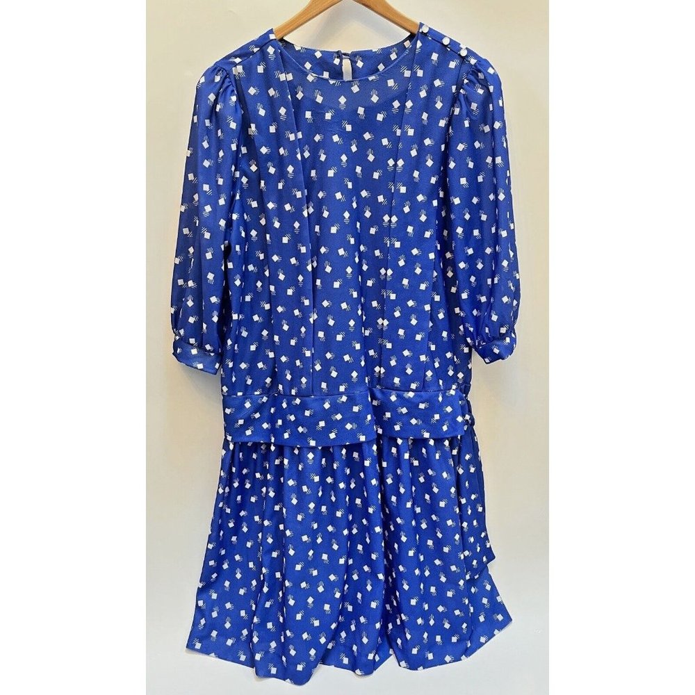 VINTAGE BOHO RETRO MOD 70s SUE BRETT GEOMETRIC SLEEVE DRESS BLUE SIZE L XL